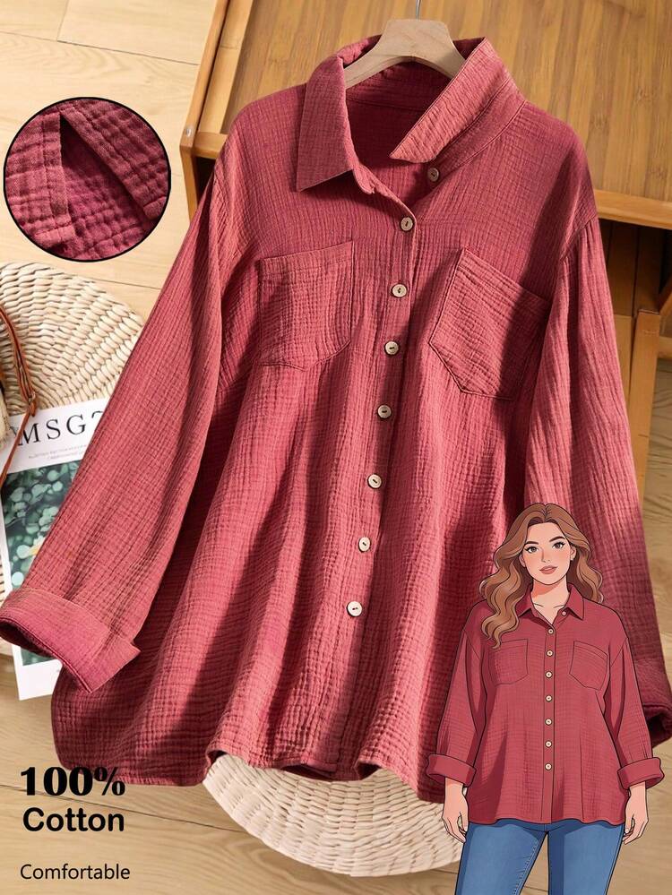 Plus Size Women Fall Country Casual Red Distressed Solid Color Long Sleeve Blouse Shirt Top With Pockets, Autumn/Winter,Going Out,2025 New,Simple And Fashionable For Everyday Wear, Christmas,New Year,Comfortable And Breathable,Christmas,New Year