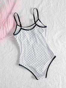 SHEIN Áo tắm liền thân dệt kim chấm bi đen trắng dành cho bé gái tuổi teen, thích hợp cho kỳ nghỉ. - Đen và trắng - Xem 2