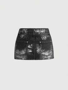 ROMWE Y2K复古魅力亮片刺绣做旧水洗修身迷你牛仔裙（女款） - 黑色 - 查看 6