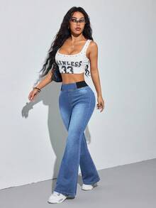 SHEIN PETITE 女款藍色牛仔緊身喇叭褲，舒適高彈力丹寧，夏季辦公穿搭，美人魚風格，適合嬌小女性 - 中等水洗藍 - 查看 6