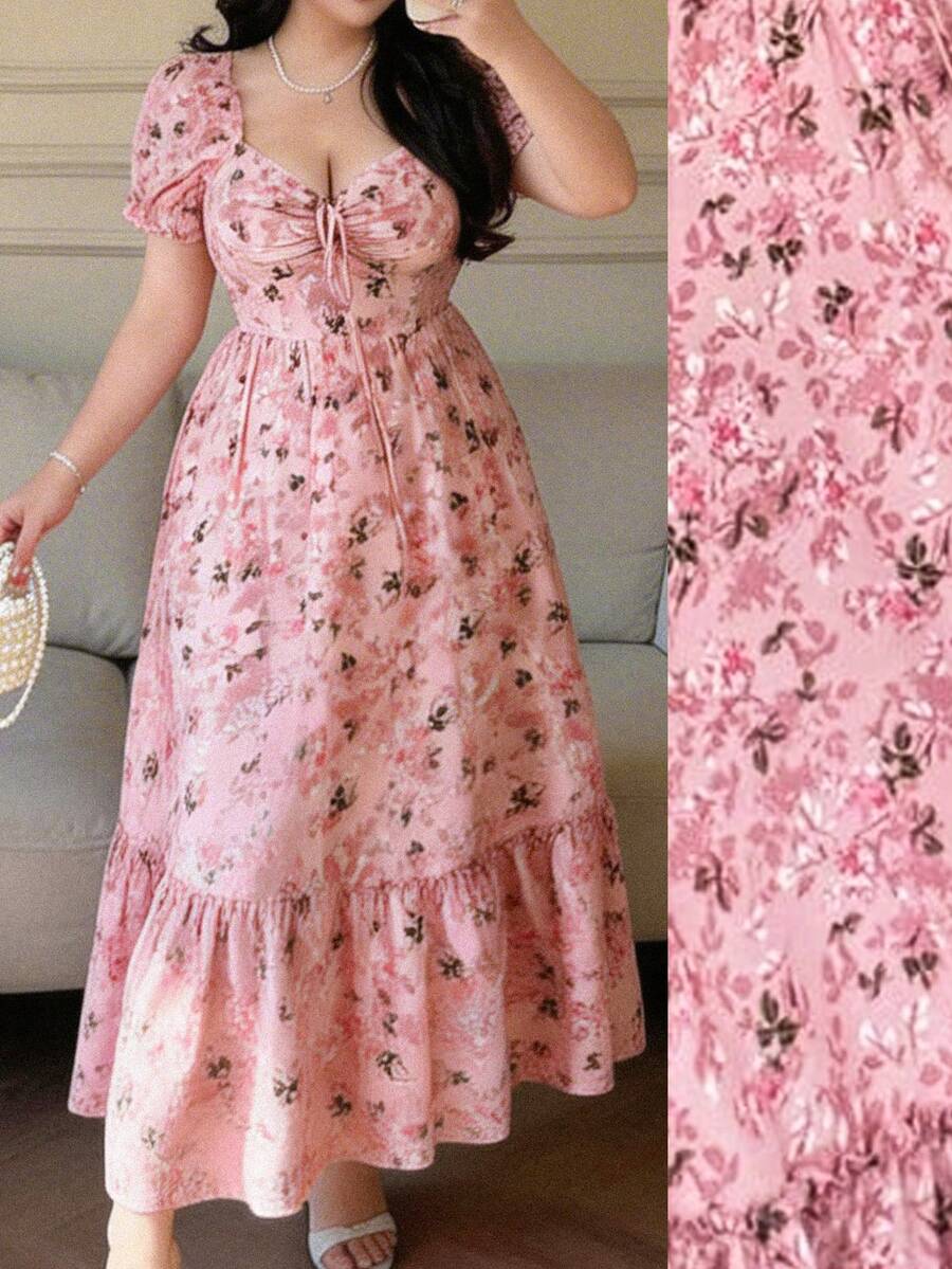 Vibekara Plus Size Minimalist Printed Short Sleeve Dress - Pink - View 1