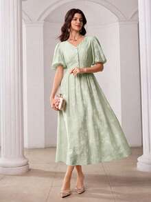 Modelyn V-Neck Petal Sleeve Jacquard Front Button Dress - Green - View 5
