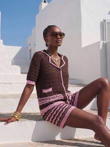 MAIJA Casual Ribbed Knit Crop Top & Wide Leg Pants Knit Two Pieces Set - Brown - View 1