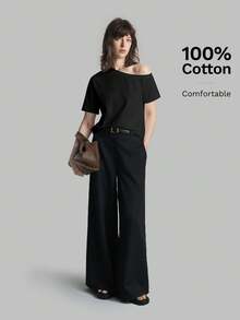 Ontre 2026春夏新款女士纯色露肩短袖上衣，休闲日常穿着，黑色宽松休闲T恤，女士夏季上衣，商务休闲，度假，海滩，生日派对，教师装，返校季，一字领上衣 - 黑色 - 查看 6