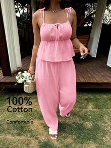 Comfortcana Plus Size 2 Pieces Set: Linen Ruffle Hem Camisole And Wide Leg Pants, Casual Holiday Style - Pink - View 2