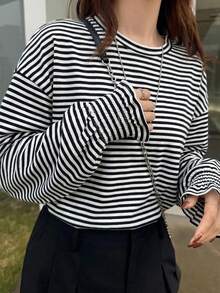 FRIFUL Kaos Lengan Panjang Bergaris Kasual Wanita, Musim Semi/Musim Gugur - Hitam dan Putih - View 6