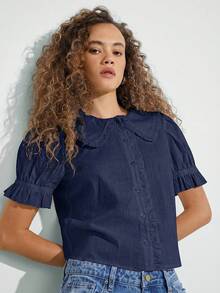 WESTFADE Chemise boutonnée à manches courtes bouffantes avec col à volants en 100% coton. Top décontracté et mignon pour l'automne. Vêtements bohèmes, tenue de rentrée scolaire, pour l'automne, l'hiver, le style western pour femmes - Bleu marine - Voir 4