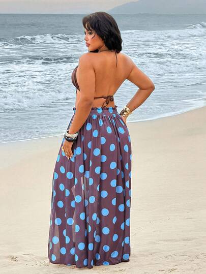 Rustia Gonna casual con laccio in vita, tinta di base marrone con pois blu, gonna ampia e comoda per primavera/estate in taglie comode