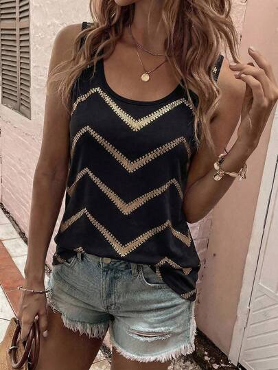 Selamara 女士春夏新款圆点不对称条纹印花U领休闲百搭背心