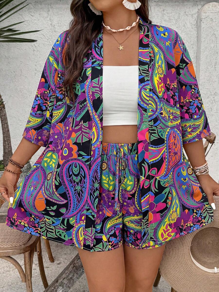 SHEIN VCAY 大码女式夏季印花衬衫短裤套装，海滩岛屿宽松和服式休闲短款服装 - 黑色 - 查看 1