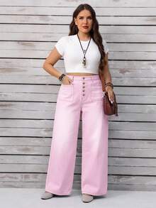 EMERY ROSE Plus Size Women Loose Casual Denim Wide Leg Jeans With Button Front Pockets - Baby Pink - View 3