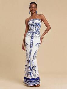 Travachic 女士热带印花连衣裙，休闲度假风 - 藍白色 - 查看 6