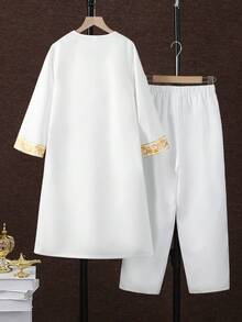 SHEIN Tween Boy Coordinated Casual Mandarin Collar Long Sleeve Shirt And Pants 2 Pieces Set - White - View 3
