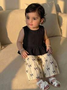 KIDS KIDS Baby Girl Woven Ruffle Back Cross Design Casual Shirt With Woven Sweet Cute Bow Striped Print Loose Long Pants Set Black And White - Black and White - View 7