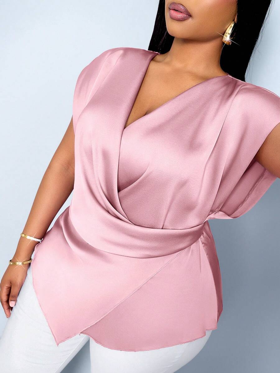 SOLERSUN 女士加大码春夏纯色时尚休闲优雅日常商务V领缎面不对称下摆衬衫 - 藕粉色 - 查看 1