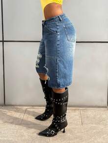 StreetHx Fashionable Casual Street Style Distressed Low Waist Loose Denim Shorts - Medium Wash - View 4