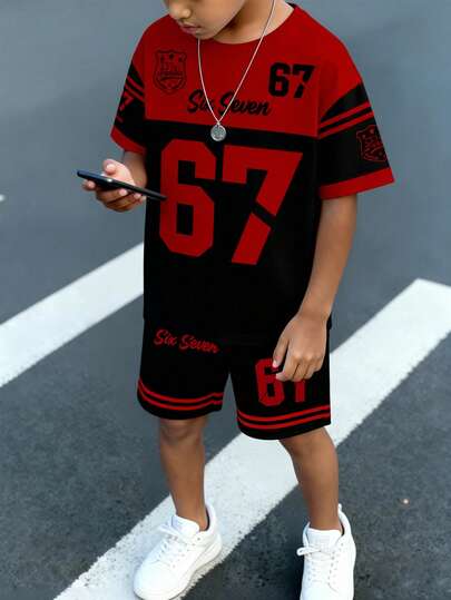 两件套幼儿男童休闲创意数字23条纹图案短袖T恤和短裤，春夏季舒适日常穿着