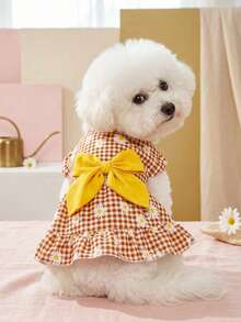 PETSIN 一件狗狗连衣裙，黄色蝴蝶结雏菊印花，可爱泡泡袖宠物衣服 - 彩色 - 查看 2
