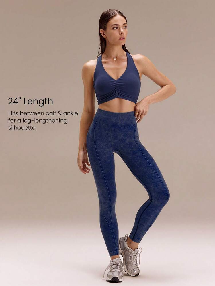 24" Ultrafine Soft Seamless Serve Energy High-Rise Waist Faux Denim Wash Finish Leggings Training Running Workout Gym Fitness Active Wear