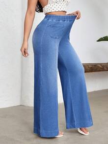Flexra Women's Elastic Waist Dual Pocket Wide Leg Loose Casual Jeans - Blue - View 3