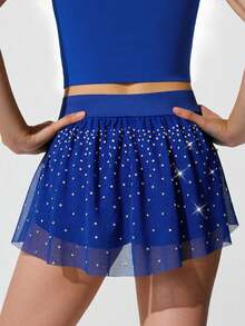 Tween Girls' Sports Mesh Rhinestone Fashionable Skirt, Navy Blue Yoga, Gymnastics Outfit With Athletic Skirt - Royal Blue - View 2