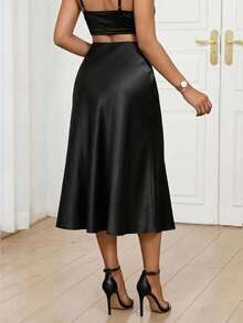 SHEIN Lady 高腰素色半身裙 - 黑色 - 查看 2