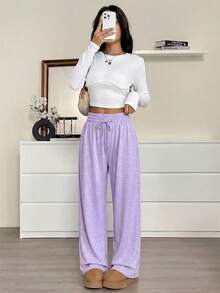 CovetEZ Plus Size Solid Color Drawstring Waist Loose Wide Leg Sweatpants - Purple - View 4
