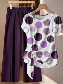 EMERY ROSE Plus Size Women Geometric Print Short Sleeve Shirt And Wide Leg Pants Casual 2 Pieces Set - Multicolor - View 1