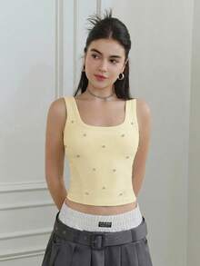 SHEIN MOD Square Neck Rhinestone Decor Casual Tank Top, Summer - Light Yellow - View 7
