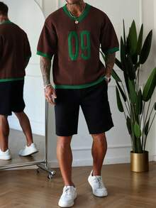 Manfinity Homme 男士棕色夏季街頭風城市度假返校V領短袖針織上衣，復古針織球衣號碼足球球衣針織衫 - 棕色 - 查看 3