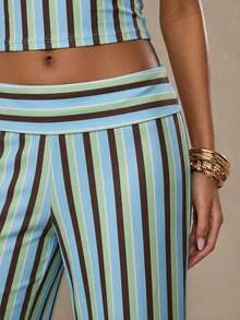 SHEIN BAE Pantalon évasé décontracté rayé pour femmes, polyvalent, convenant pour la plage, les sorties, les vacances d'été et diverses occasions. Pantalon large rayé coloré, pantalon ample d'été, pantalon décontracté, vêtement décontracté pour femmes, pantalon long jaune - Bleu azur - Voir 7