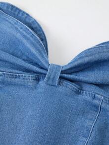 GlowEve Áo sơ mi denim nữ trễ vai, viền bèo nhún - Màu xanh lam - Xem 3