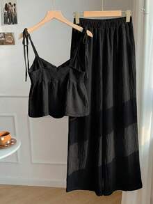 Comfortcana Plus Size 2 Pieces Set: Linen Ruffle Camisole And Wide Leg Pants, Casual Vacation Style, Spring/Summer, Comfortable Cotton Camisole And Long Pants 2 Pieces Set, Cotton 2 Pieces Set, Summer Clothing - Black - View 6