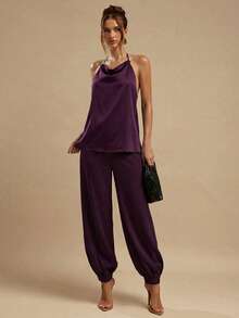 SHEIN BAE 纯色缎面深V领露背优雅女式上衣，适合外出、早午餐、夏季、婚礼、蜜月、海滩等场合。 - 紫色 - 查看 6