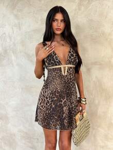 Opulessa Đầm ngắn không tay hở lưng họa tiết da báo gợi cảm dành cho nữ, thích hợp cho mùa hè. - Màu Khaki - Xem 2