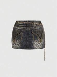 ROMWE Grunge Punk Minifalda de mezclilla con cadena de cristales de estilo metalizado y estampado de leopardo para tallas grandes Y2K - Gris Oscuro - Ver 2