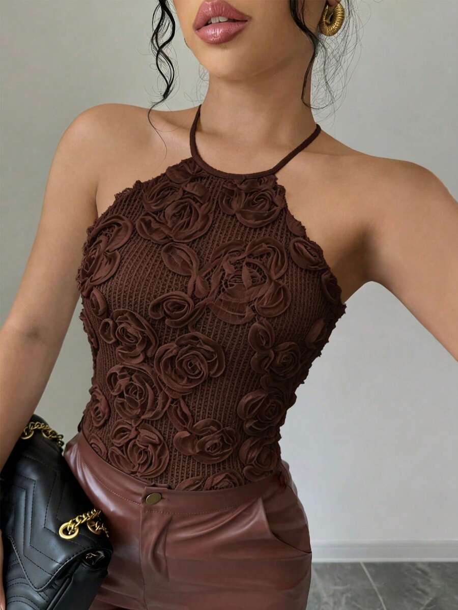 Elenzga 女款深褐色花卉掛脖綁背上衣,優雅夏季約會之夜貼身波西米亞風度假海灘派對度假穿搭 - 咖啡棕 - 查看 1