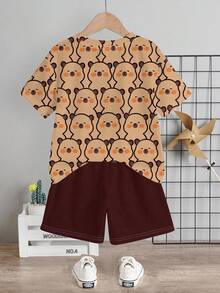 SHEIN 可爱男宝宝多色T恤套装，趣味动物印花，男宝宝服装，小熊印花衬衫，男宝宝短裤，男宝宝套装，儿童街头服饰 - 彩色 - 查看 3