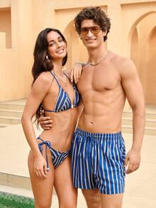 Manfinity VDAYZ Men's Drawstring Beach Shorts Couple Matching Swimwear,Blue And White Striped Summer Casual Holiday Pool Party Vacation Holiday Set - Multicolor - View 2