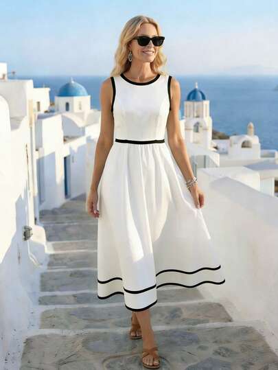 Balvessa Đầm nữ mùa hè thanh lịch, cổ tròn, không tay, phối màu tương phản, tối giản, thích hợp mặc hàng ngày.