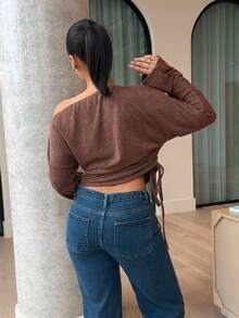 LHSEPT 女士斜肩长袖短款休闲T恤，时尚百搭 - 咖啡棕 - 查看 3