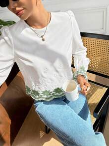 Serisse Áo sơ mi dài tay nữ phối màu tương phản ở cổ tay và gấu áo - màu xanh lá - Xem 7