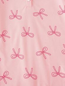 1pc Girls Ruffled Hem Butterfly Print Polo Collar Puff Sleeve Casual Beach Dress, Sweet & Fashionable - Pink - View 4