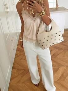 SHEIN EZwear 女士蕾丝拼接休闲百搭约会之夜吊带背心 - 卡其色 - 查看 4