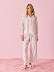 两件套女士宽松舒适透气长袖上衣和长裤睡衣套装，可爱家居服 - 粉色 - 查看 4