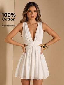 SHEIN BAE 纯白色棉质轻盈深V领露背系带迷你连衣裙，白色连衣裙，毕业礼服，度假连衣裙，白色纹理连衣裙，音乐节，海滩度假，姐妹出游 - 白色 - 查看 4