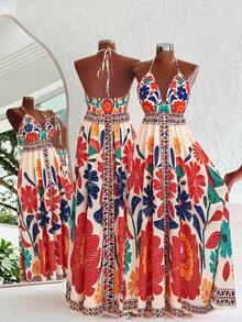 Travachic 女士印花V领连衣裙，性感高开衩沙滩度假裙，休闲波西米亚风约会连衣裙，春夏秋季 - 彩色 - 查看 1