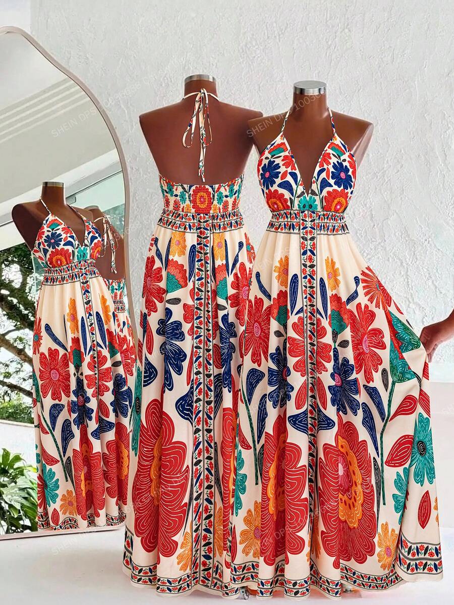 Travachic 女士印花V领连衣裙，性感高开衩沙滩度假裙，休闲波西米亚风约会连衣裙，春夏秋季 - 彩色 - 查看 1