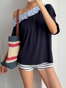 DAZY Women's Casual Frill Trim Asymmetrical Shoulder Short Sleeve T-Shirt, Summer - Navy Blue - View 4