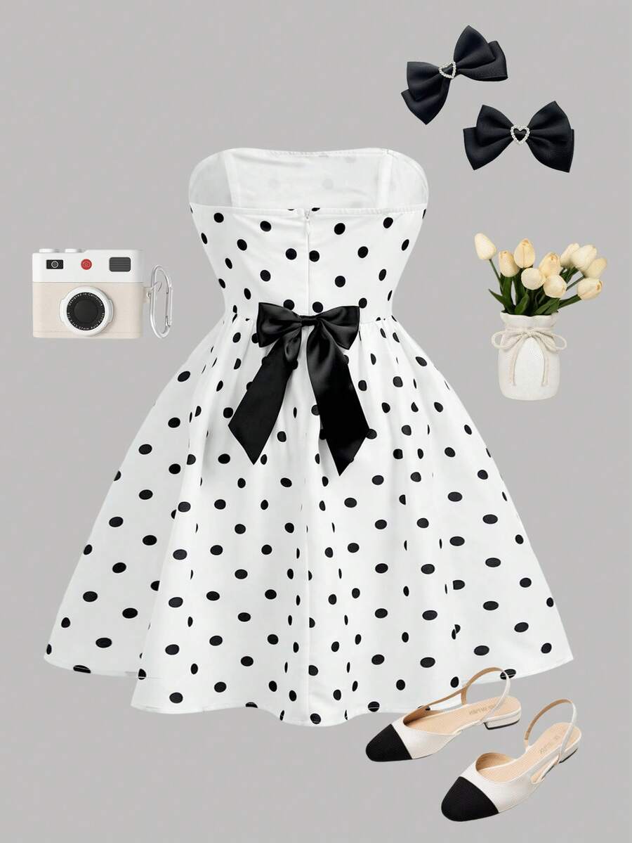 Girlism Đầm chấm bi cúp ngực cho bé gái tuổi teen, thích hợp cho mùa tựu trường, kỳ nghỉ, tiệc tùng, họp mặt gia đình, đám cưới và các dịp khác. - Đen và trắng - Xem 1